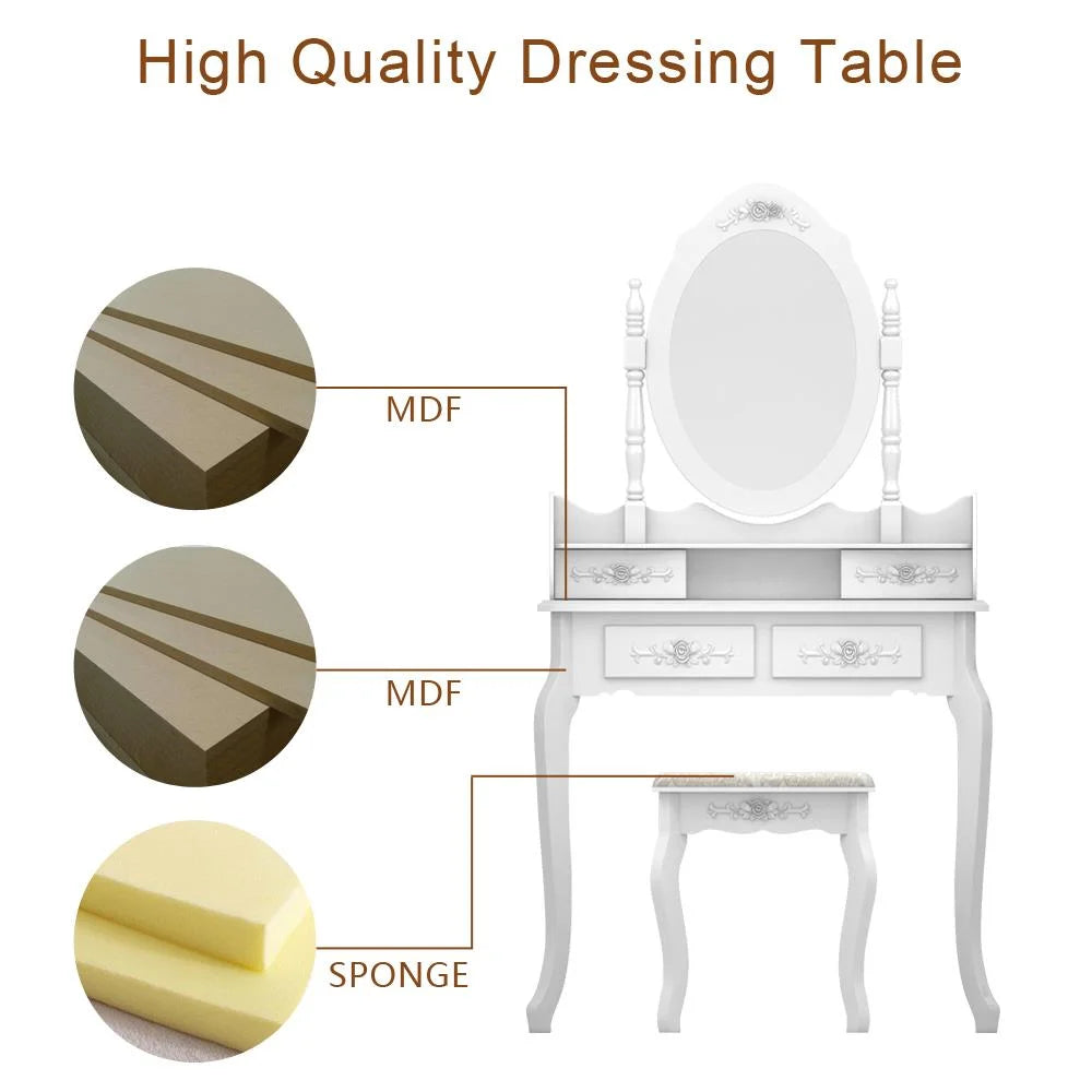 White Vanity Table and Stool Set with 4 Drawers & Mirror I8302