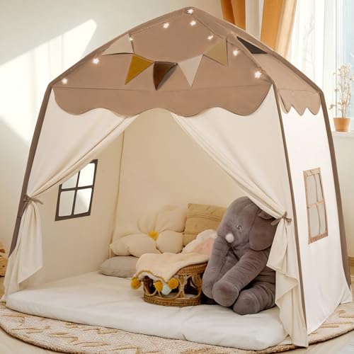 Cream Extra Large Kids Play Tent with Flags & Star Lights, 59x39x59 in C702
