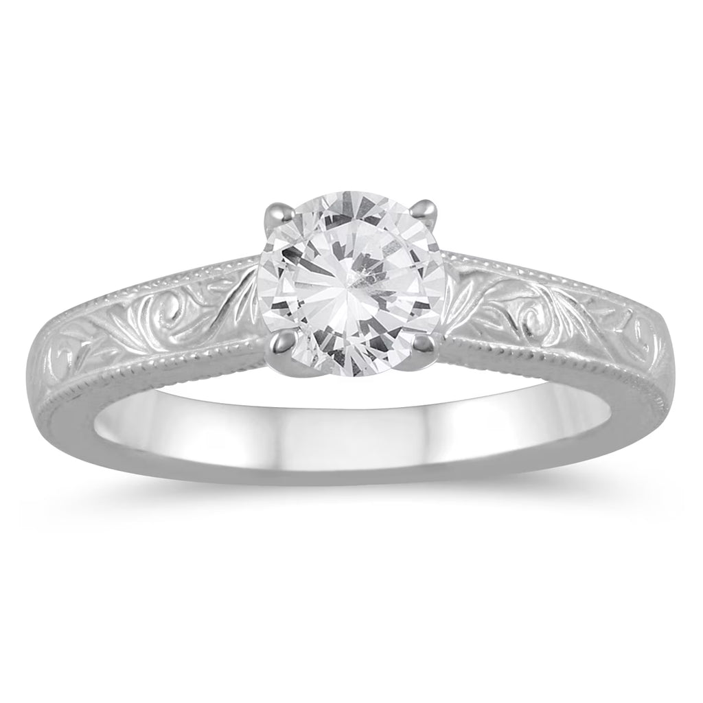 Engraved Diamond Solitaire Ring in 14K White Gold T10189