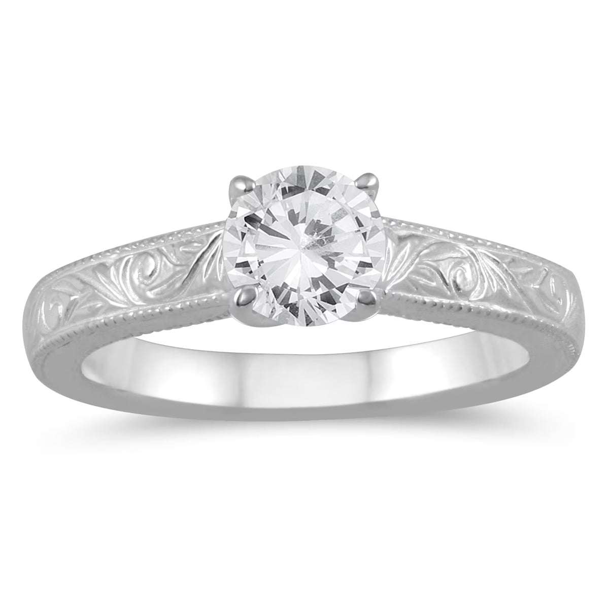 Engraved Diamond Solitaire Ring in 14K White Gold T10189