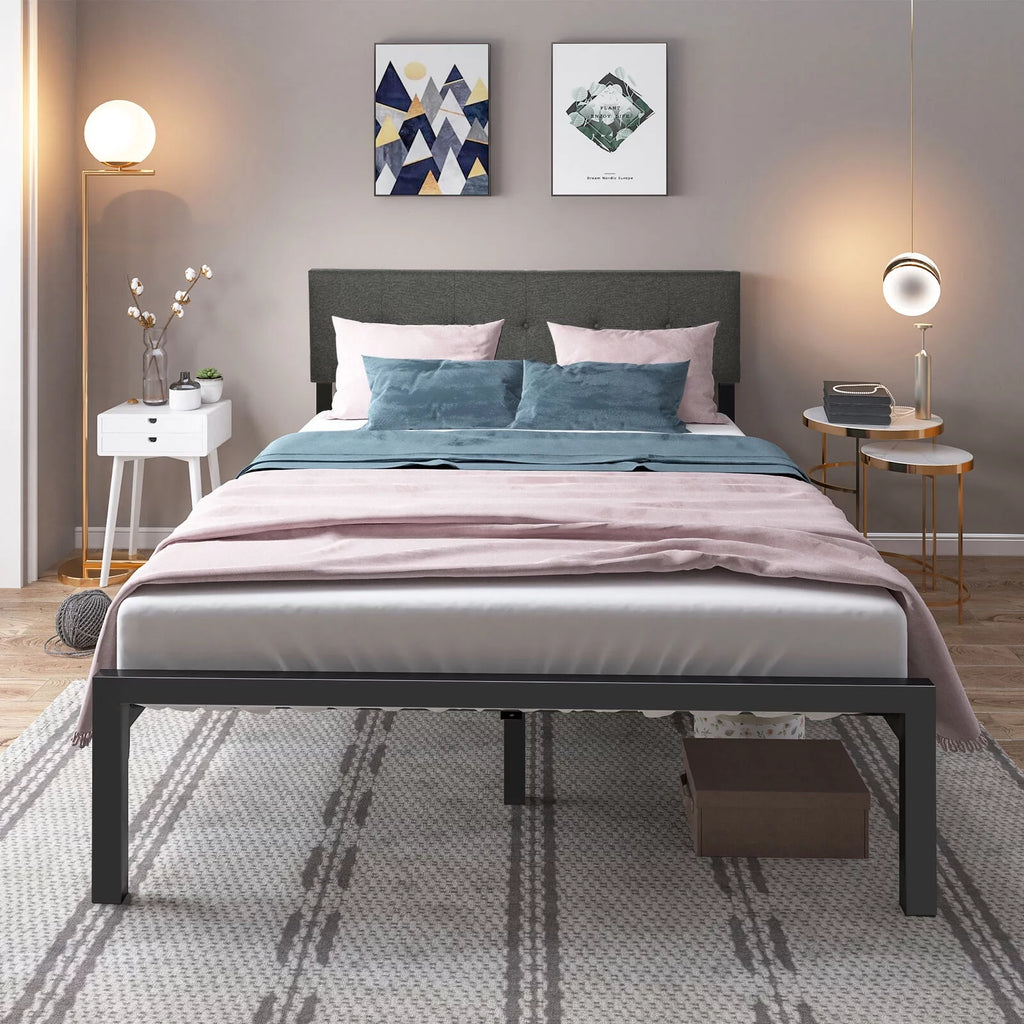 Queen Upholstered Platform Bed Frame with Adjustable Headboard S1594