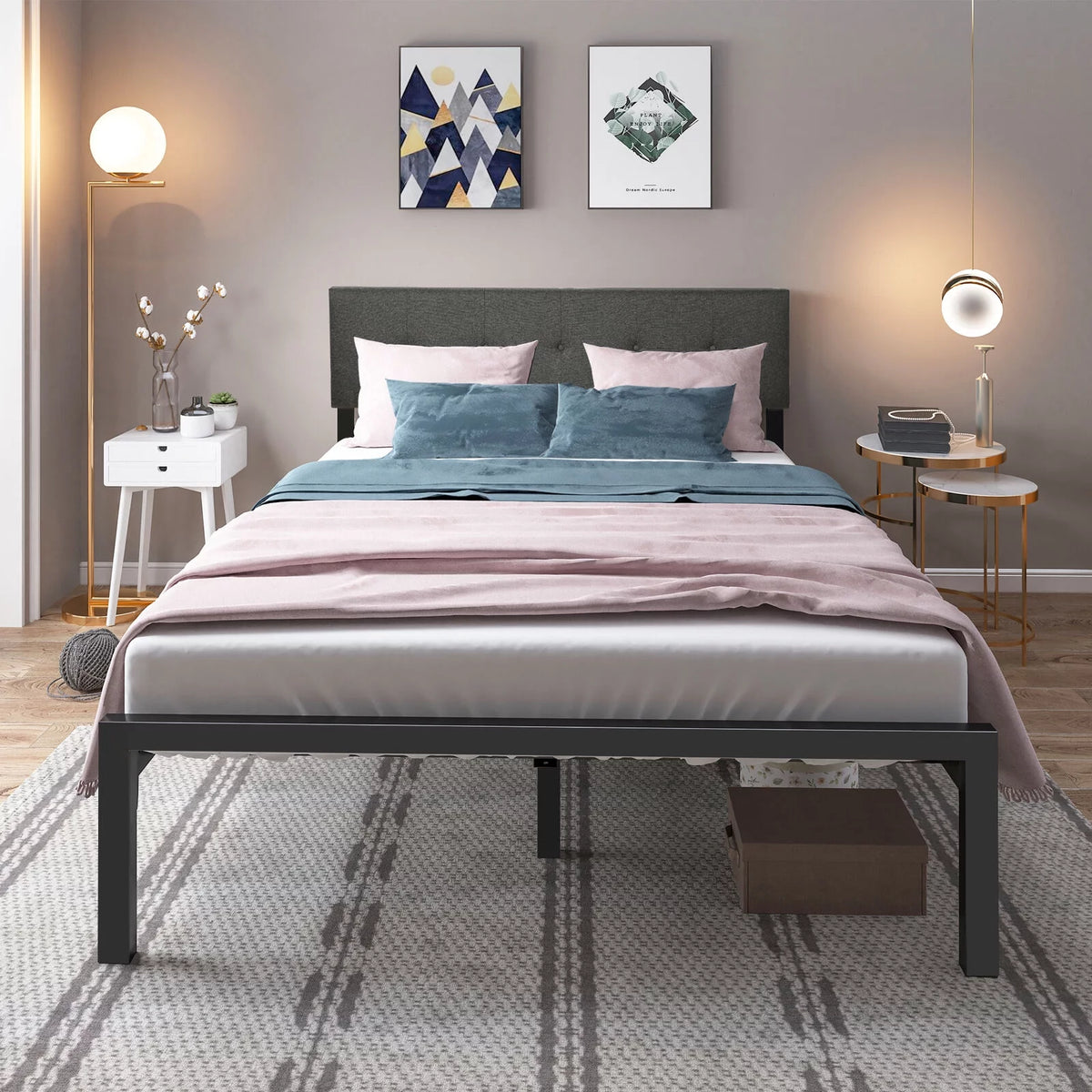 Queen Upholstered Platform Bed Frame with Adjustable Headboard S1594