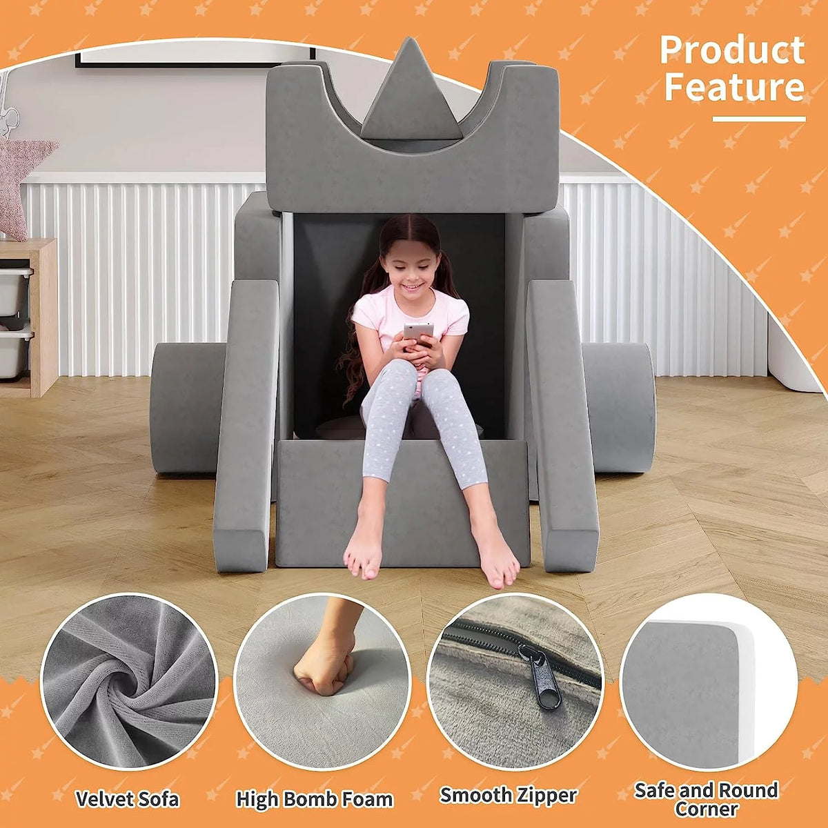 13Pcs Kids Couch, Toddler Couch, Fold Out Couch, Modular Couch, Gray C648985