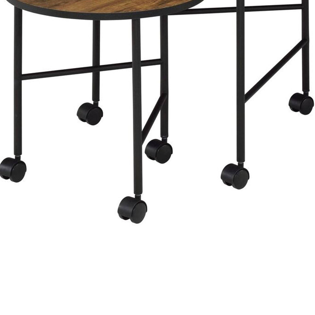 Round Nesting End Table with Casters, Oak Brown and Black Q443