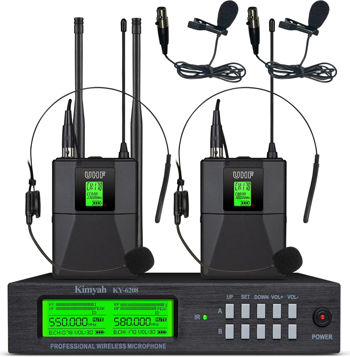 Wireless Lavalier and Headset Microphone System, Dual UHF Cordless Bodypack Mics, 328ft Range E732
