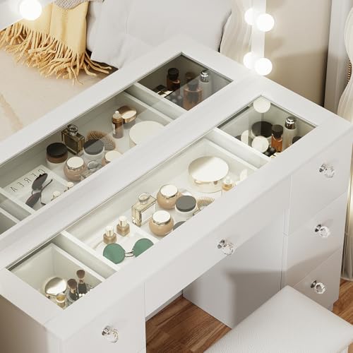 White Vanity with Lighted Mirror, 7 Drawers and Stool O45211
