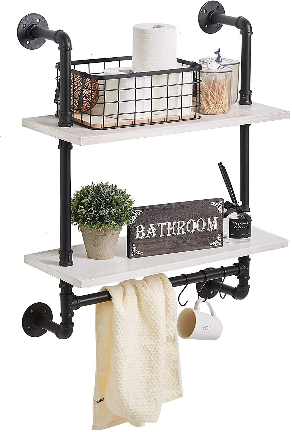 Industrial Pipe Shelving with Towel Bar, 2 Tier 24 inch White U6005