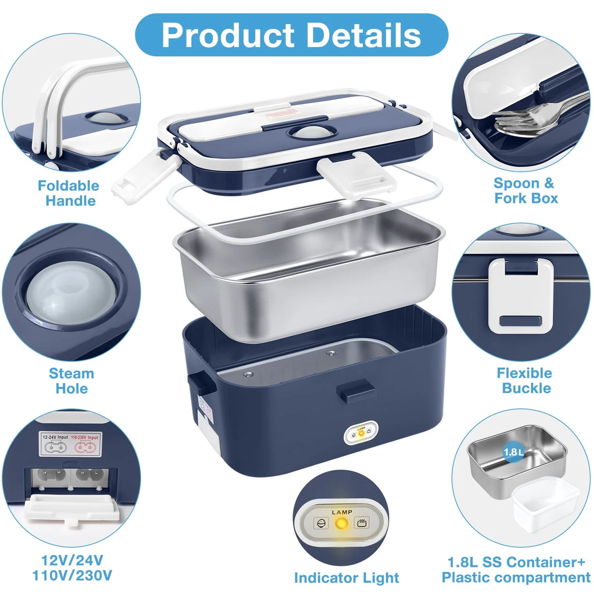 Electric Lunch Box Food Heater 60W 1.8L Stainless Steel Container K298