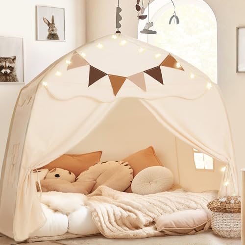 Cream Extra Large Kids Play Tent with Flags & Star Lights, 59x39x59 in C702