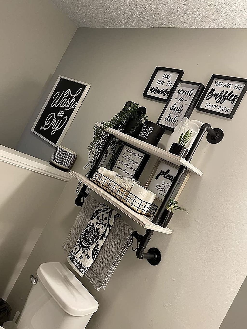 Industrial Pipe Shelving with Towel Bar, 2 Tier 24 inch White U6005