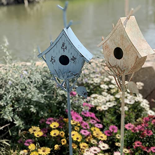 Metal Birdhouse Stake with Pole 39" H Blue F325782