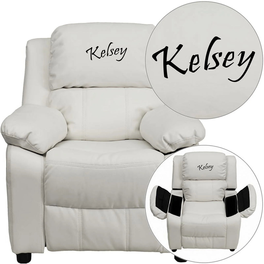 White Vinyl Kids Recliner with Storage Arms I23803