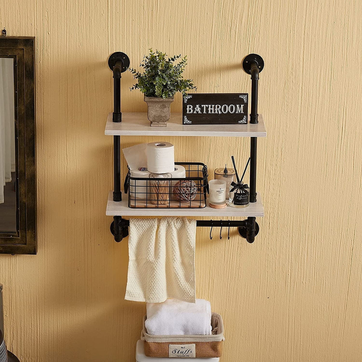 Industrial Pipe Shelving with Towel Bar, 2 Tier 24 inch White U6005