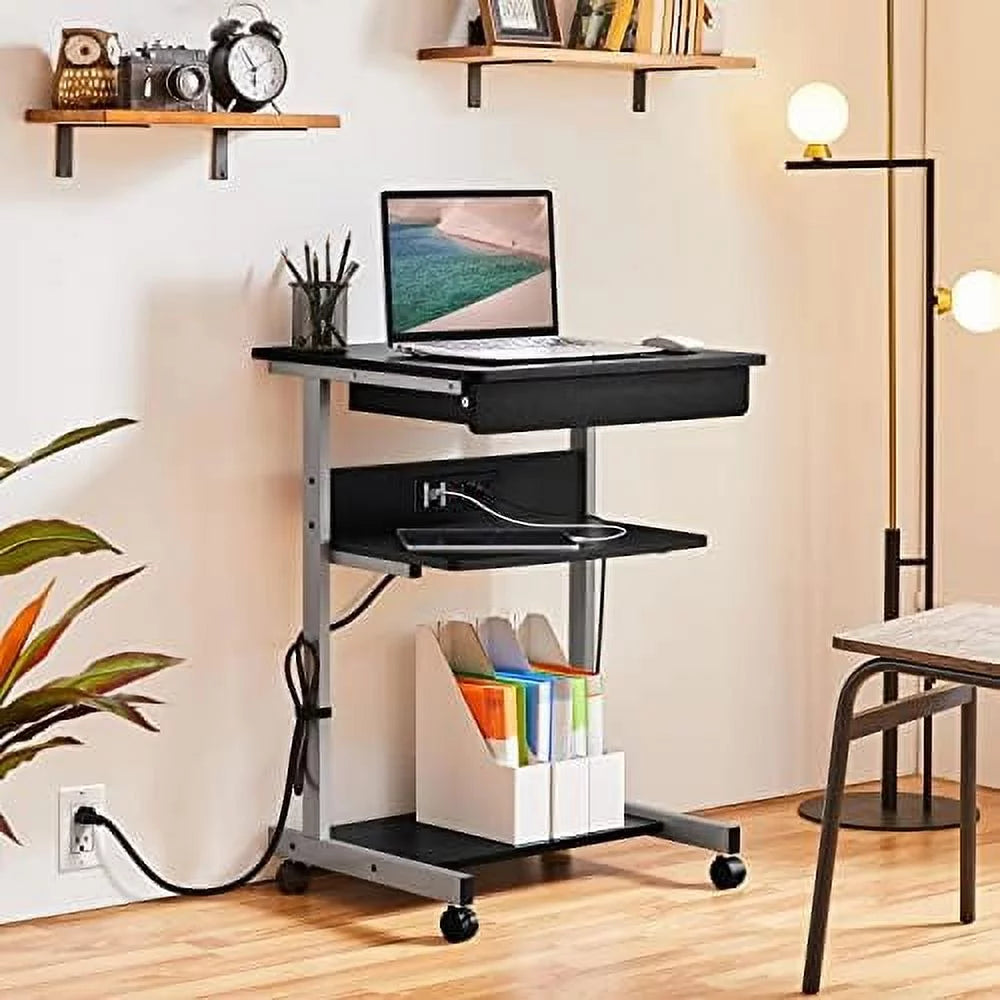 Black Mobile Laptop Desk On Wheels With Power Outlet And USB Ports E707