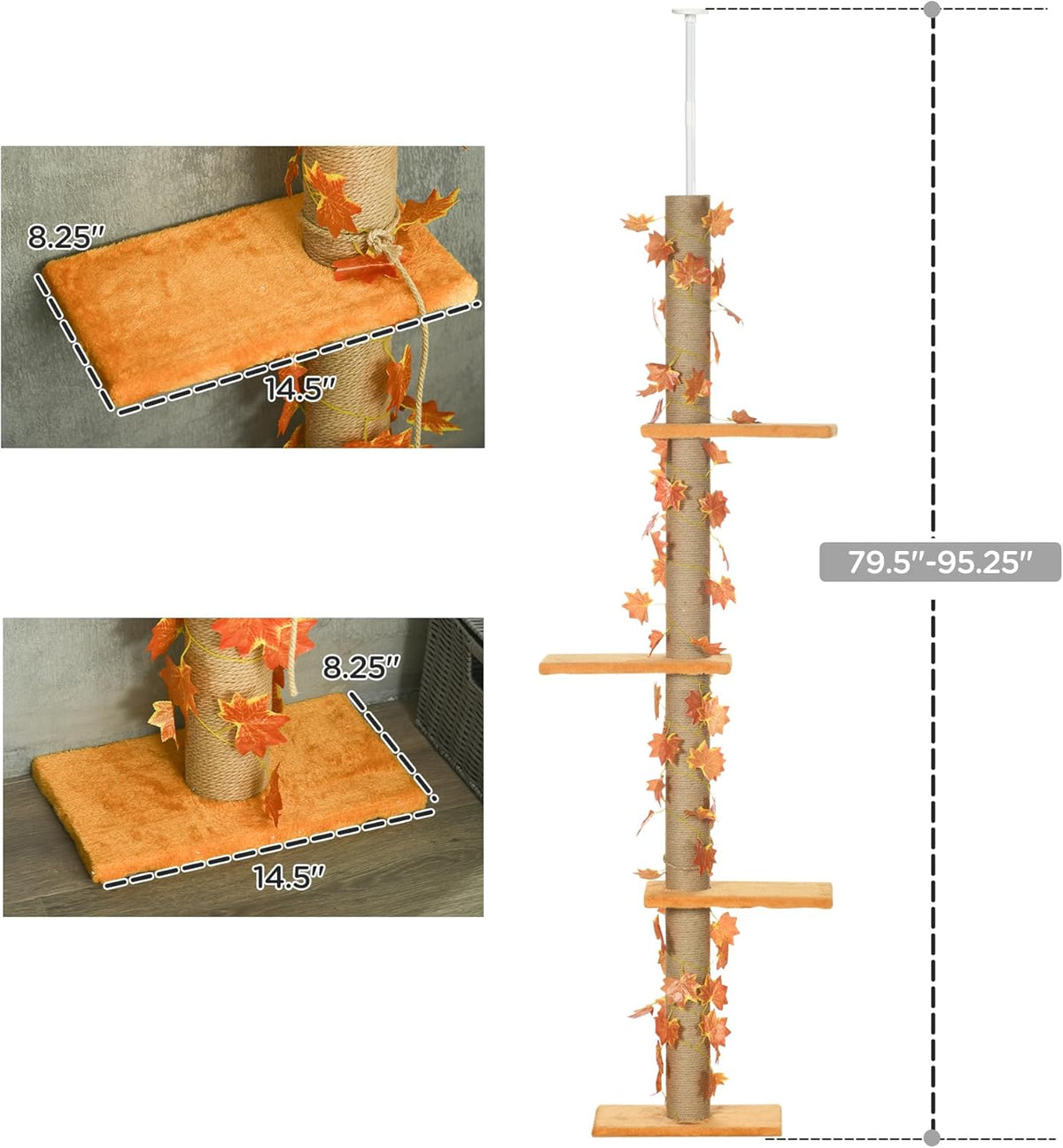80" - 95" Adjustable 3-Level Cat Tree with Sisal Scratching Post C564