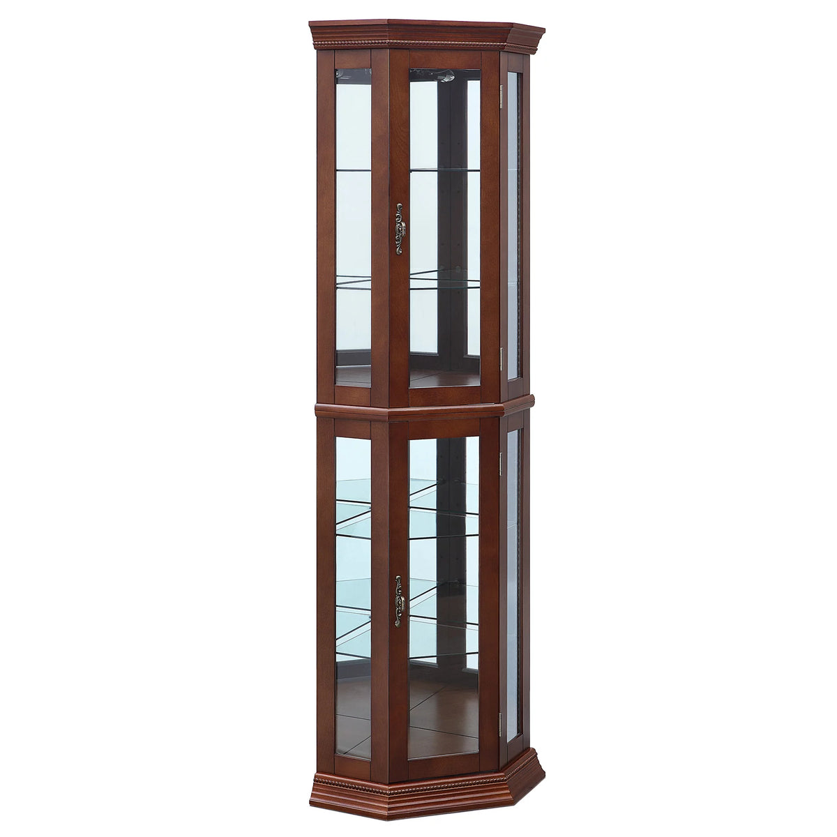Walnut 5 Sided Lighted Corner Curio Cabinet Q758