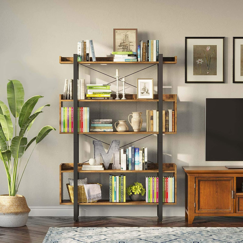 5-Tier Rustic Brown Bookshelf with Metal Frame E2355