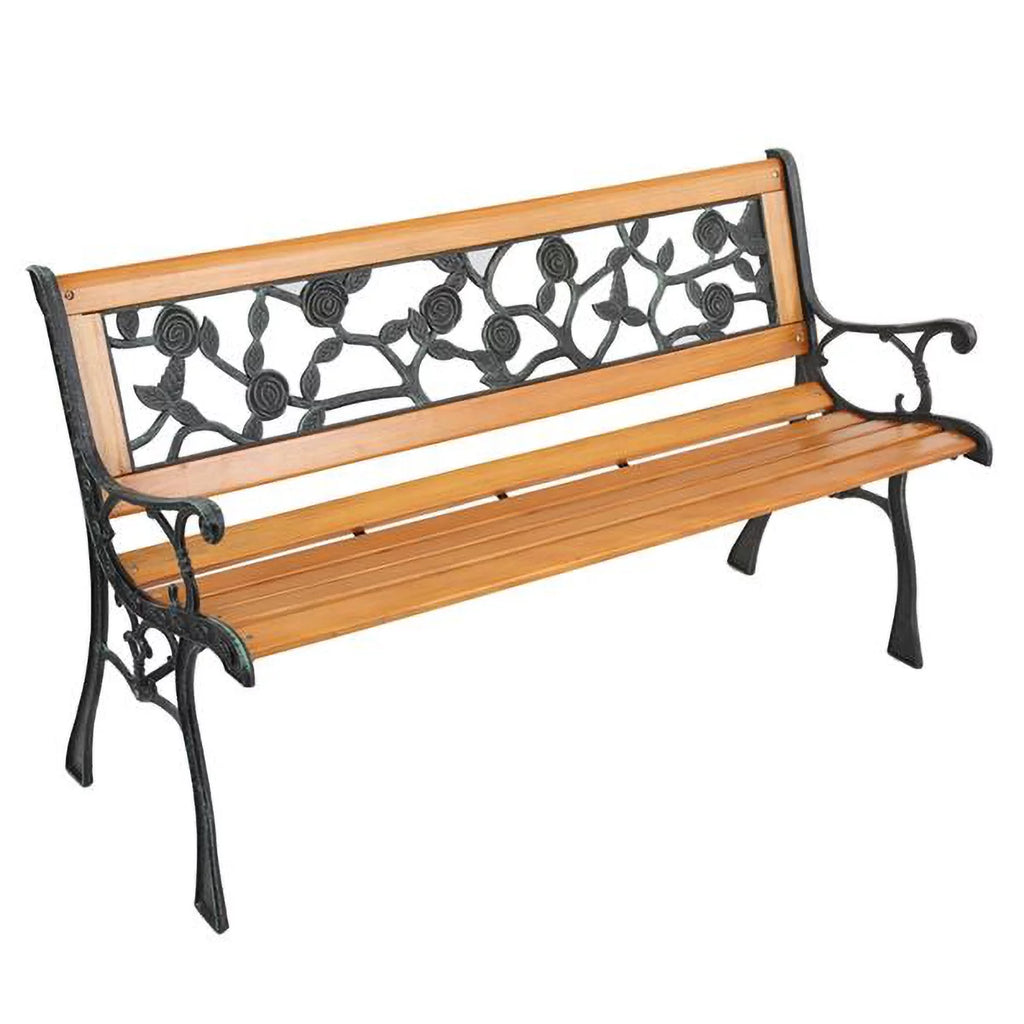 49-Inch Cast Iron Steel Frame Hardwood Garden Bench with Floral Design Backrest N398
