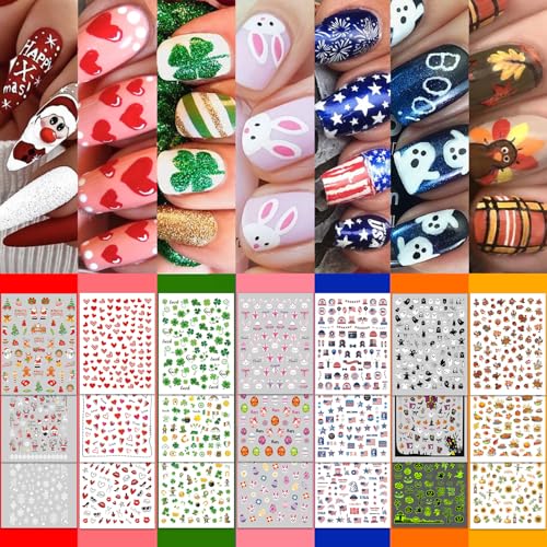 7 Holiday Nail Art Stickers, Mixed Season Nail Decals Set A85904