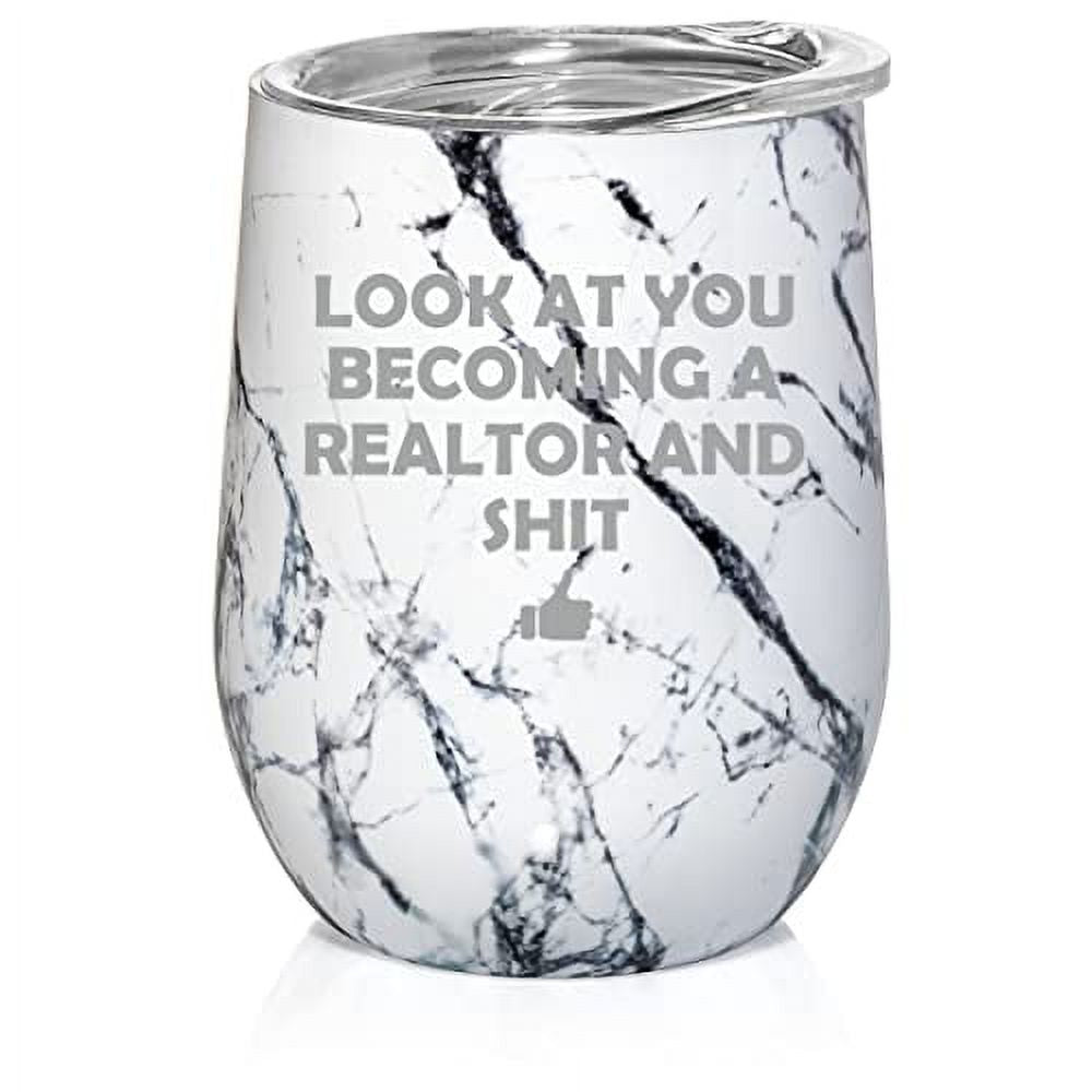 Black White Marble 12 oz Double Wall Vacuum Insulated Stainless Steel Stemless Wine Tumbler with Lid H349