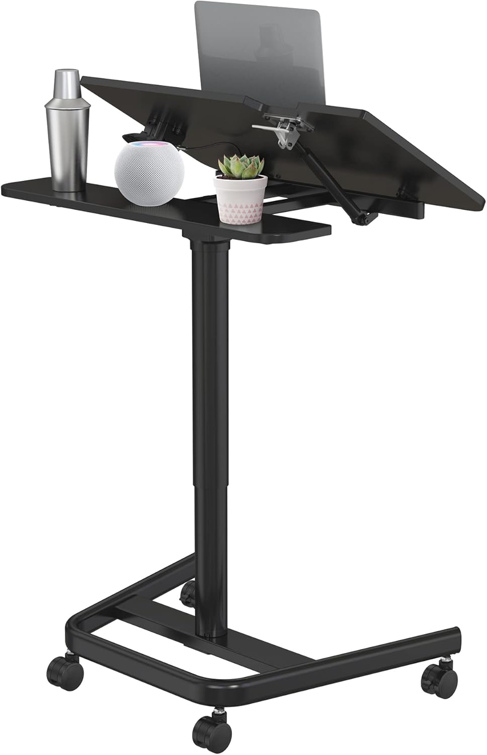 Black Mobile Standing Desk with Split Top Tilting Tray and Brake Casters L4363