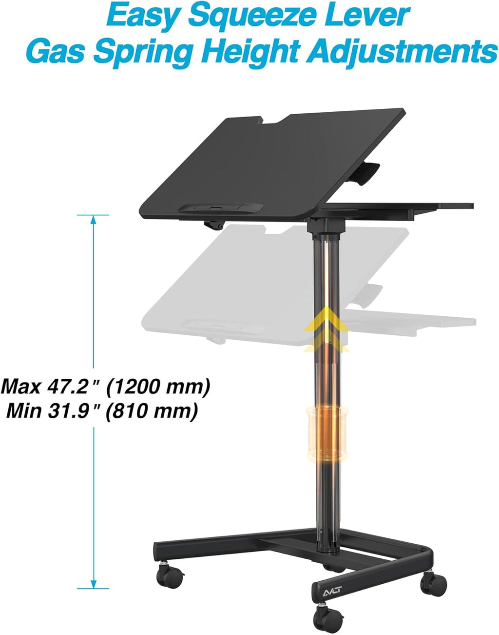 Black Mobile Standing Desk with Split Top Tilting Tray and Brake Casters L4363