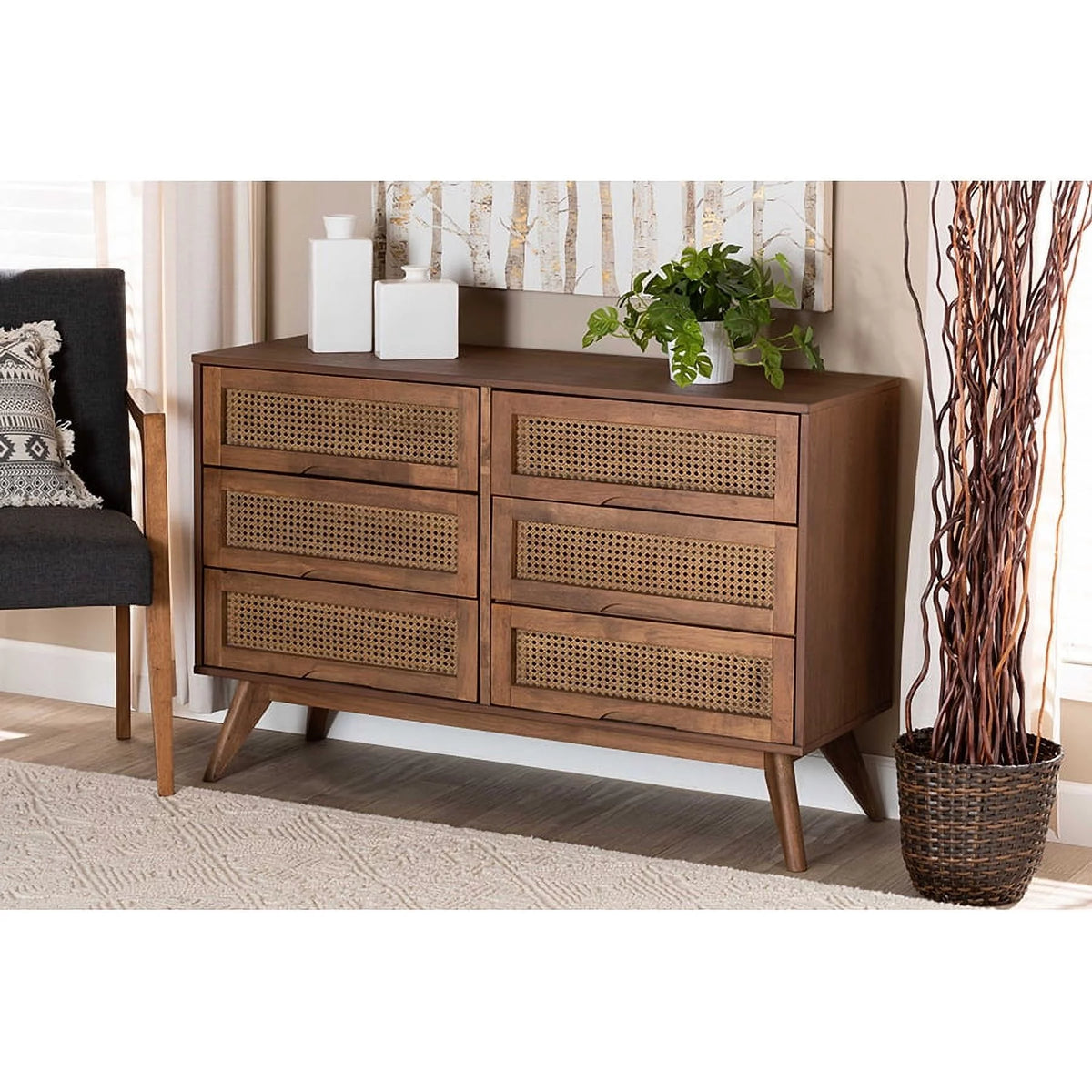 Walnut Brown Wood and Synthetic Rattan 6-Drawer Dresser Q3736