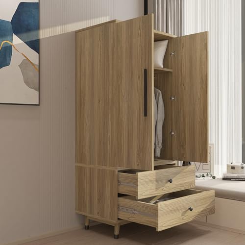 Oak 4 Door Armoire Wardrobe with 2 Drawers W7725