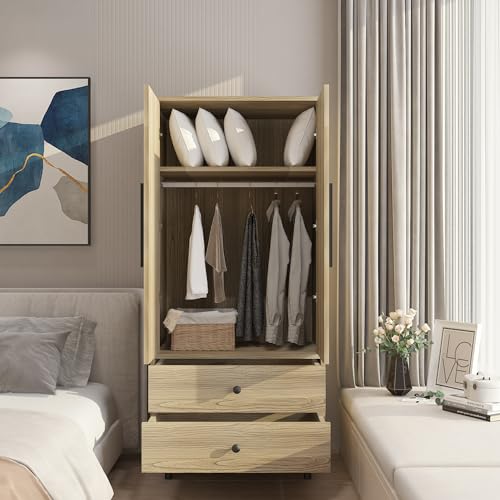 Oak 4 Door Armoire Wardrobe with 2 Drawers W7725