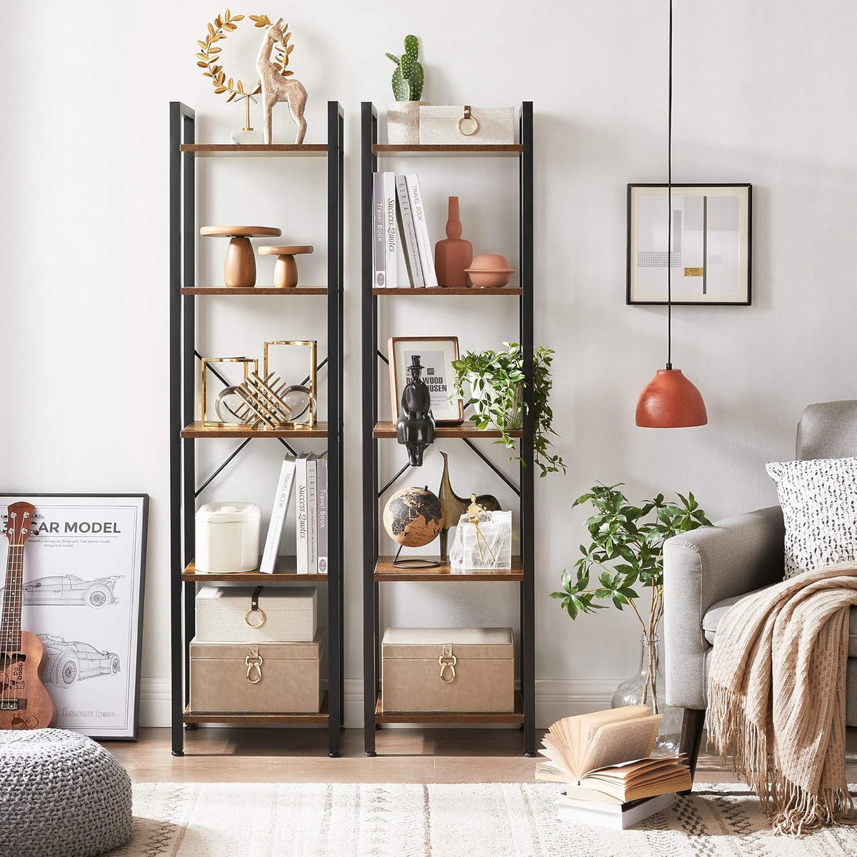 5-Tier Rustic Brown and Black Bookshelf J299144