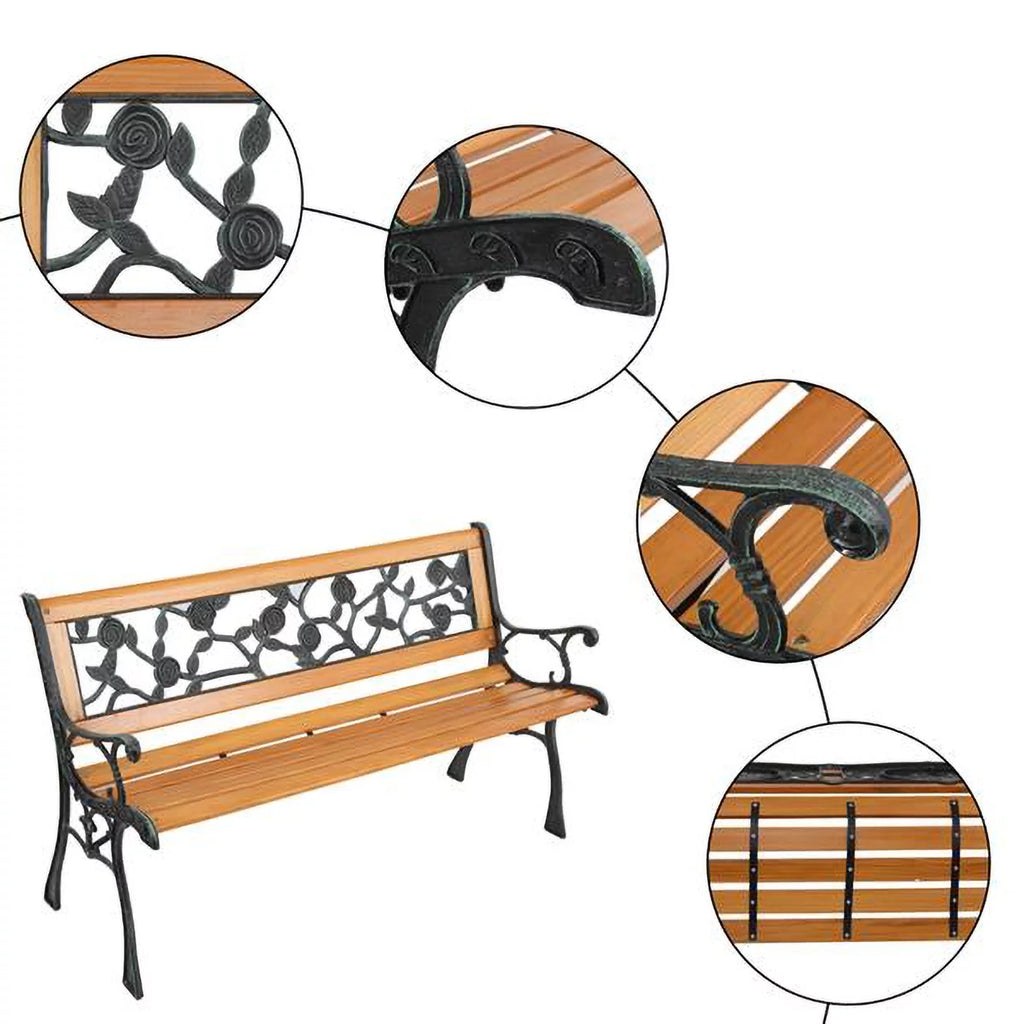 49-Inch Cast Iron Steel Frame Hardwood Garden Bench with Floral Design Backrest N398