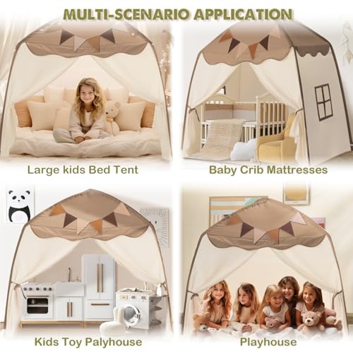 Cream Extra Large Kids Play Tent with Flags & Star Lights, 59x39x59 in C702