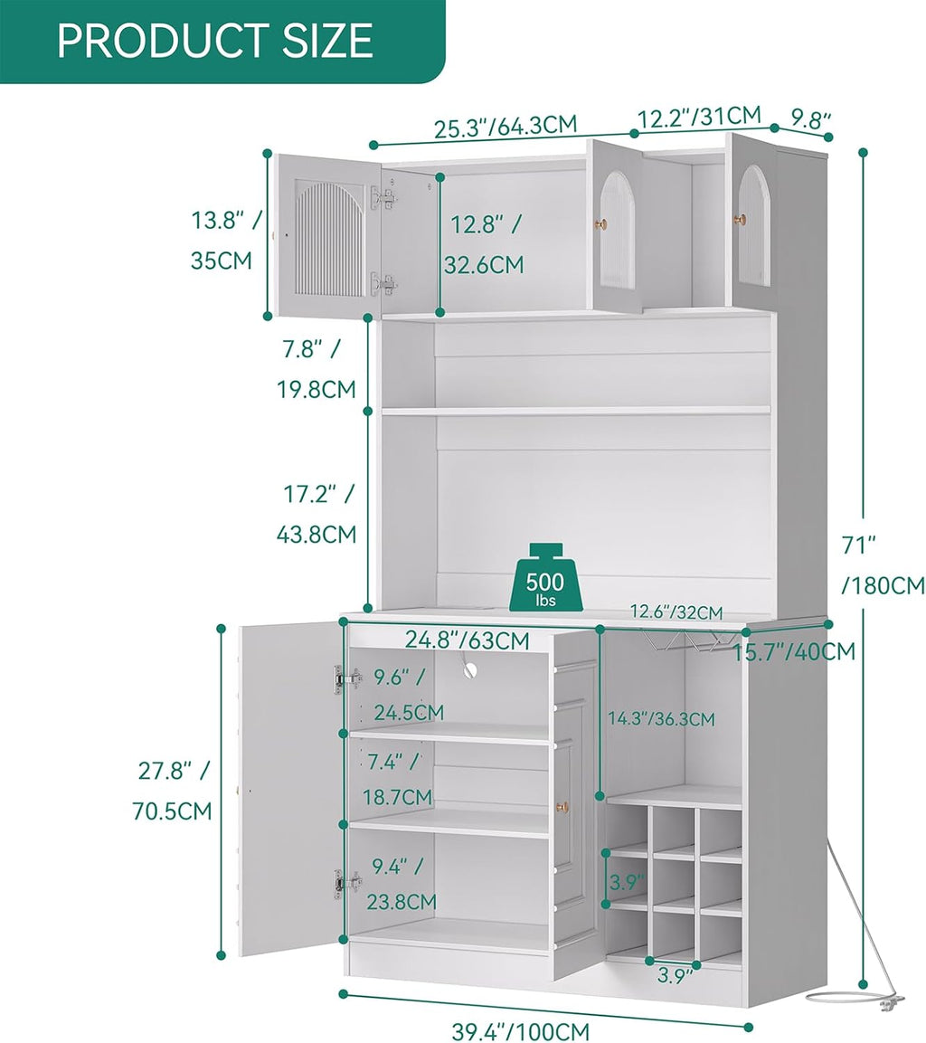 White 71" Tall Freestanding Kitchen Pantry Cabinet with Microwave Stand & Power Outlet S89464