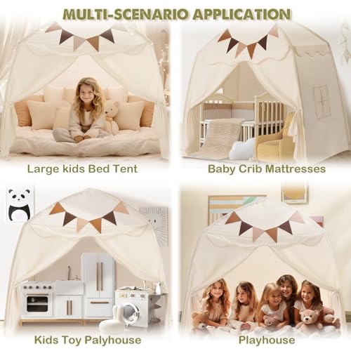 Cream Extra Large Kids Play Tent with Flags & Star Lights, 59x39x59 in C702