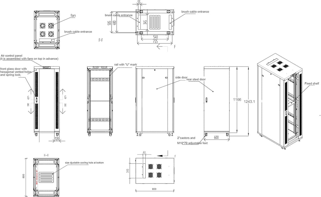 22U Locking Server Rack Cabinet on Casters with Cooling Fan N1148