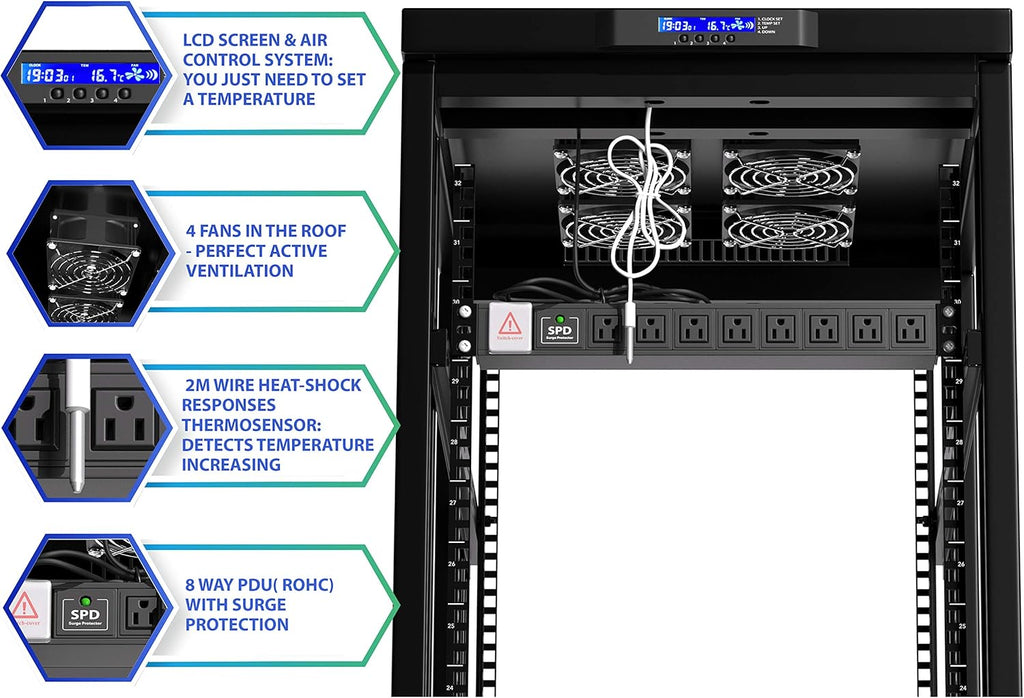 22U Locking Server Rack Cabinet on Casters with Cooling Fan N1148