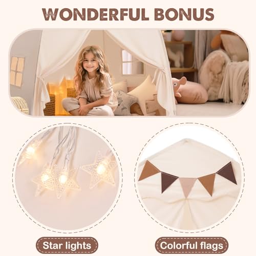 Cream Extra Large Kids Play Tent with Flags & Star Lights, 59x39x59 in C702