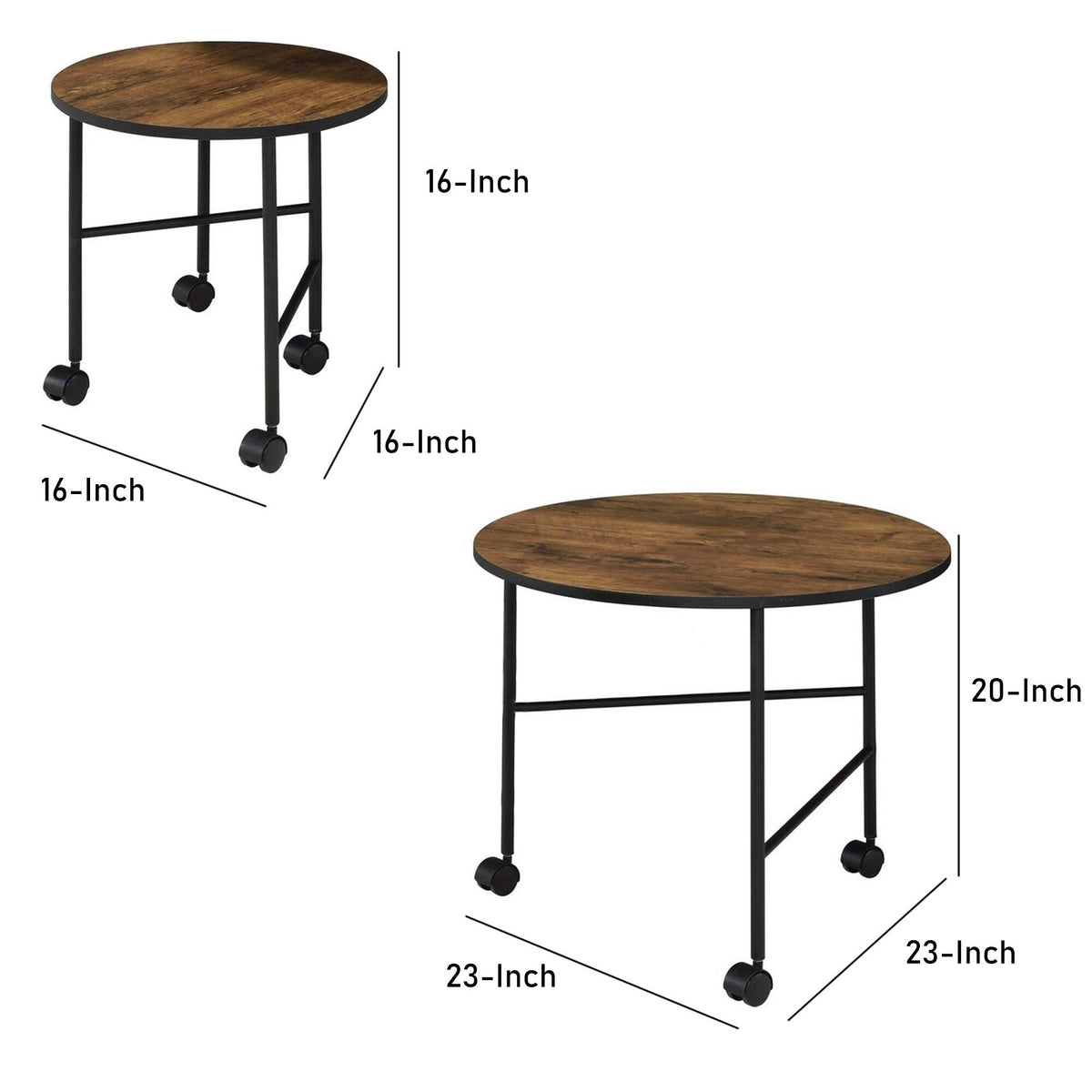 Round Nesting End Table with Casters, Oak Brown and Black Q443