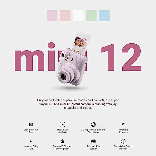 Instax Mini 12 Instant Camera with Accessory Bundle, Custom Case, 50 Sheets Film, Clay White Photo Album H58415