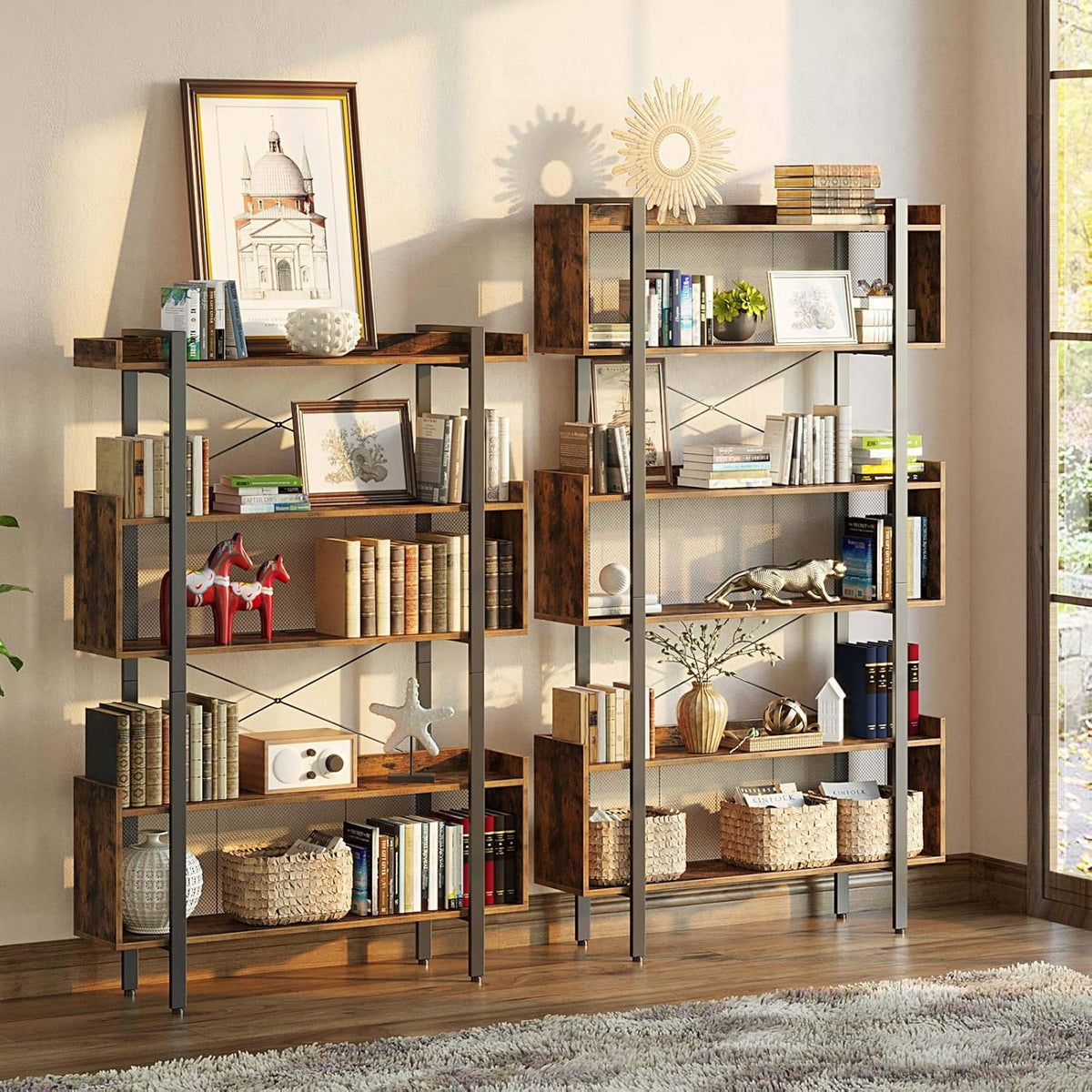 5-Tier Rustic Brown Bookshelf with Metal Frame E2355