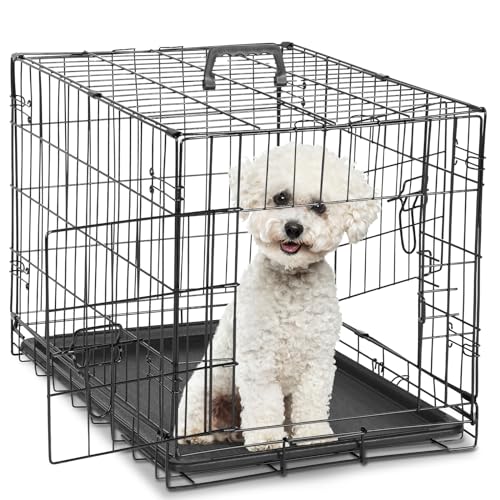 Large 36 Inch Double Door Folding Metal Wire Dog Crate with Divider Panel and Plastic Leak-Proof Pan Tray O34057