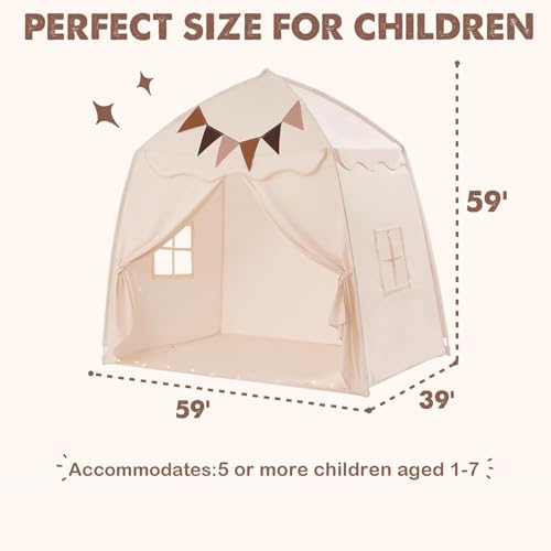 Cream Extra Large Kids Play Tent with Flags & Star Lights, 59x39x59 in C702