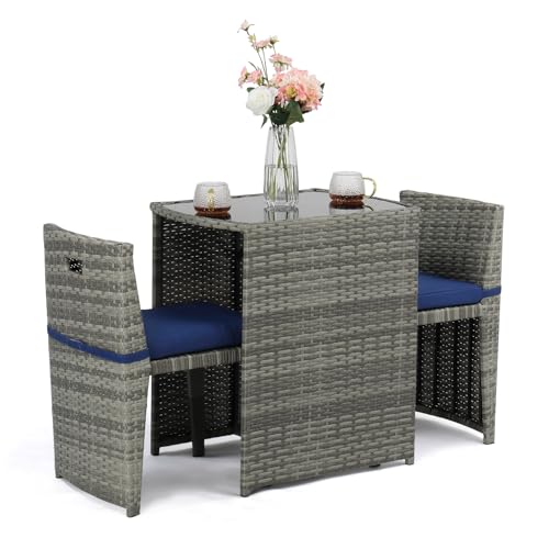 3 PCS Wicker Patio Bistro Set with Glass Top Table and Chairs S46709