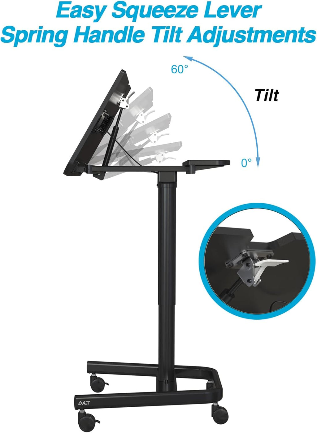 Black Mobile Standing Desk with Split Top Tilting Tray and Brake Casters L4363