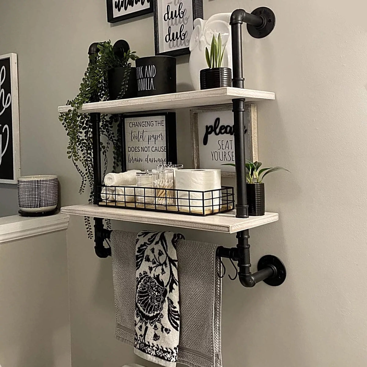 Industrial Pipe Shelving with Towel Bar, 2 Tier 24 inch White U6005