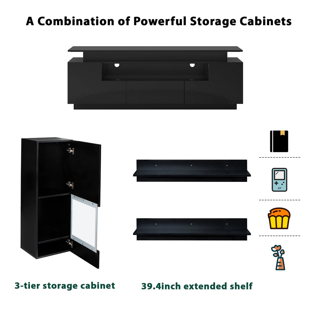 Black High Gloss Wall Mounted Floating TV Stand Set P720