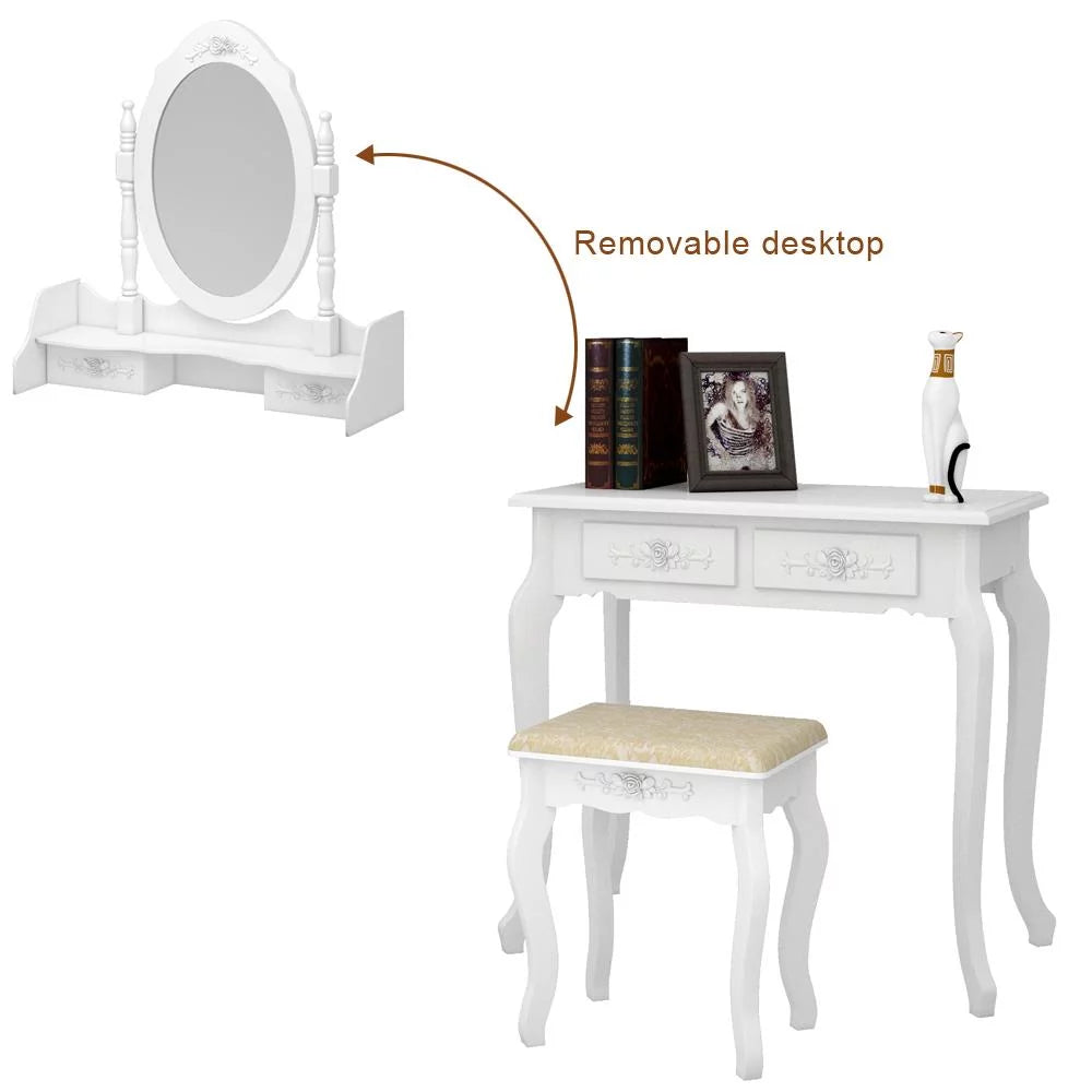 White Vanity Table and Stool Set with 4 Drawers & Mirror I8302