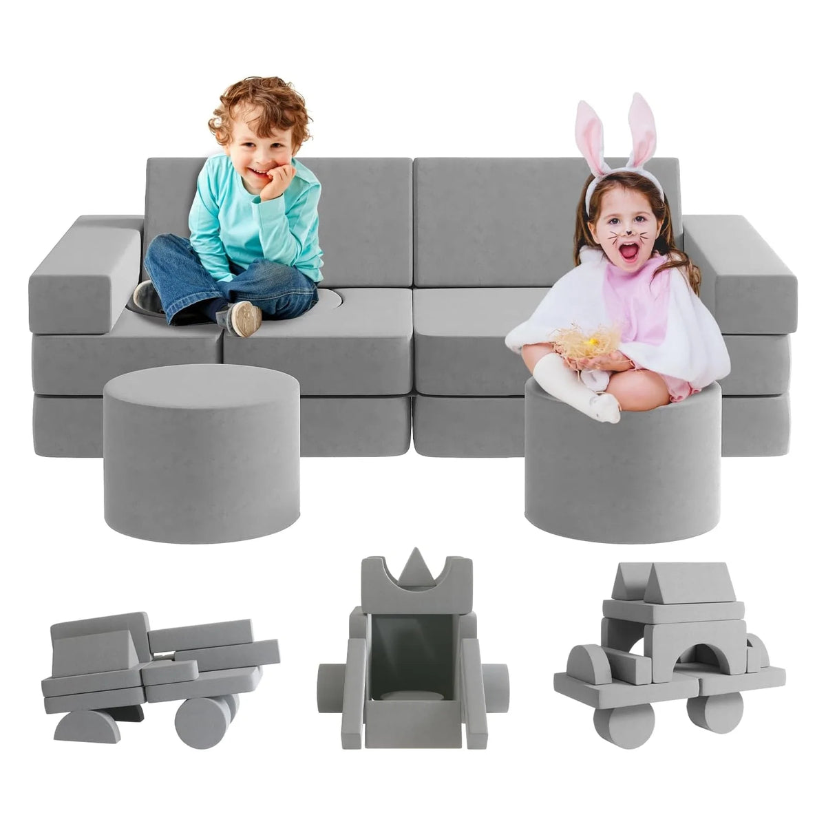 13Pcs Kids Couch, Toddler Couch, Fold Out Couch, Modular Couch, Gray C648985