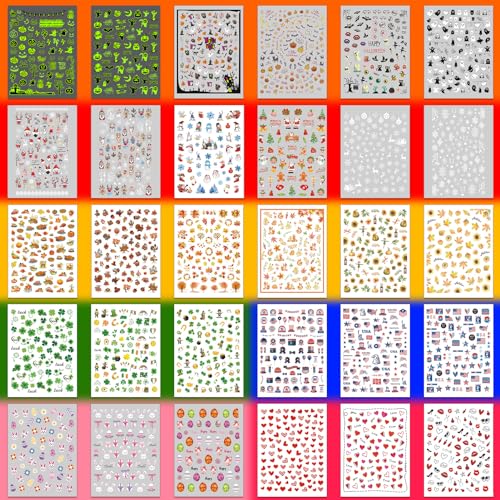7 Holiday Nail Art Stickers, Mixed Season Nail Decals Set A85904