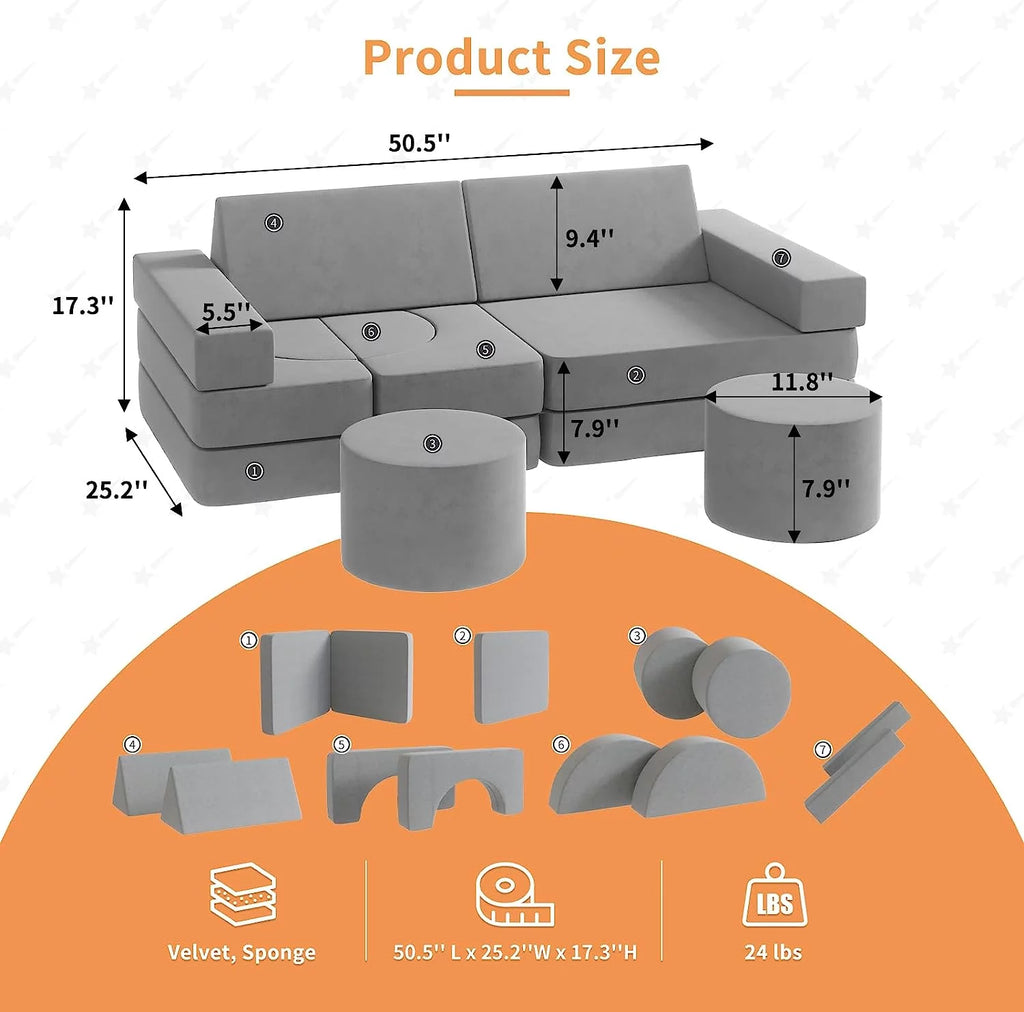 13Pcs Kids Couch, Toddler Couch, Fold Out Couch, Modular Couch, Gray C648985